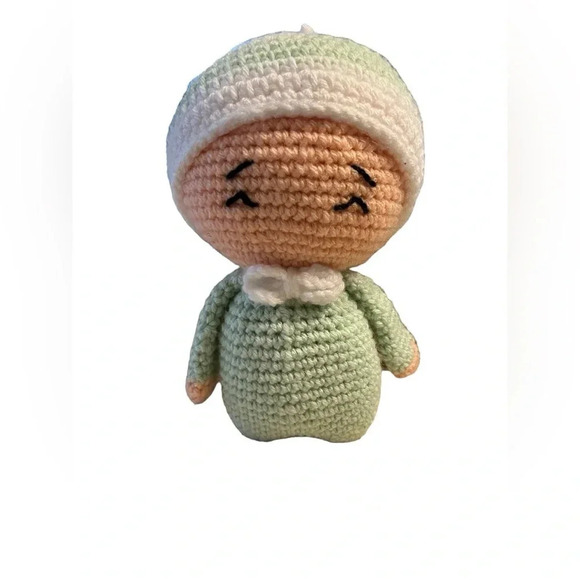 Handmade Crochet Knitted Baby with Bonnet Green And White - Picture 1 of 5